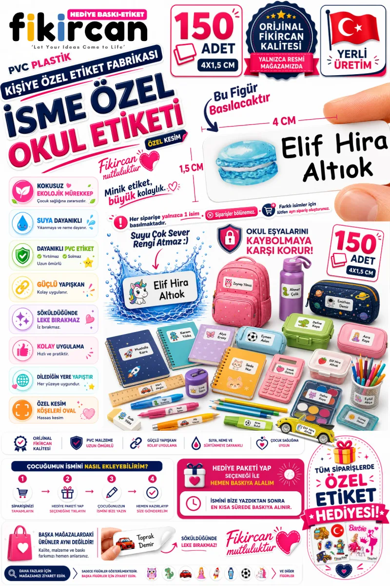 İsme Özel Okul Etiketi - 150 Adet - 1.5 x 4 cm - PVC Etiket - FİGÜR 41 — fotoğraf 1