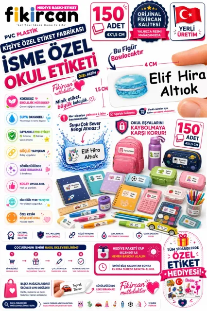 İsme Özel Okul Etiketi - 150 Adet - 1.5 x 4 cm - PVC Etiket - FİGÜR 41