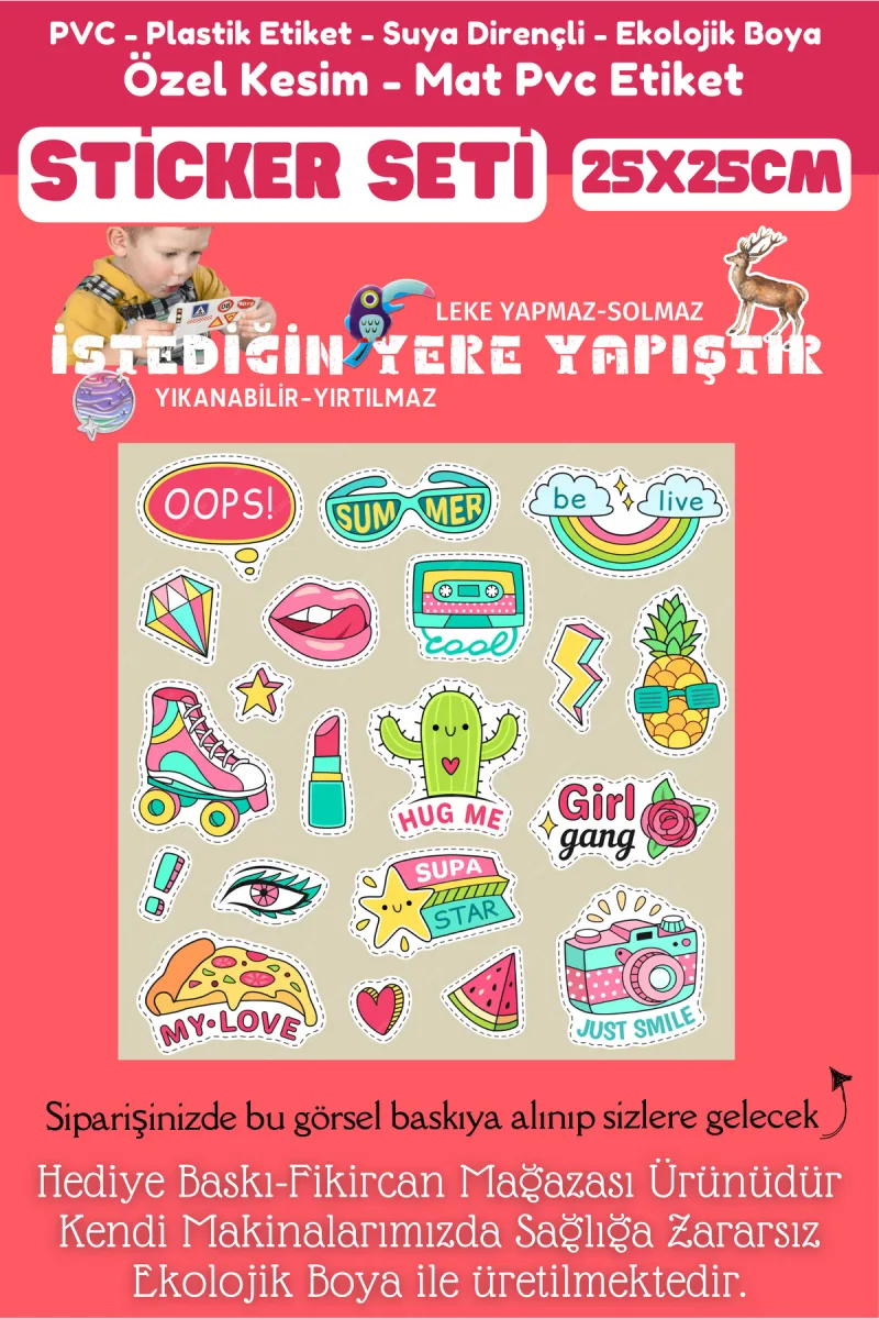 Fikircan Etiket Seti 25x25cm Pvc Sticker -Defter-Laptop-Tablet-Telefon-Dolap-Cam vb Her yere Yapışır — fotoğraf 2