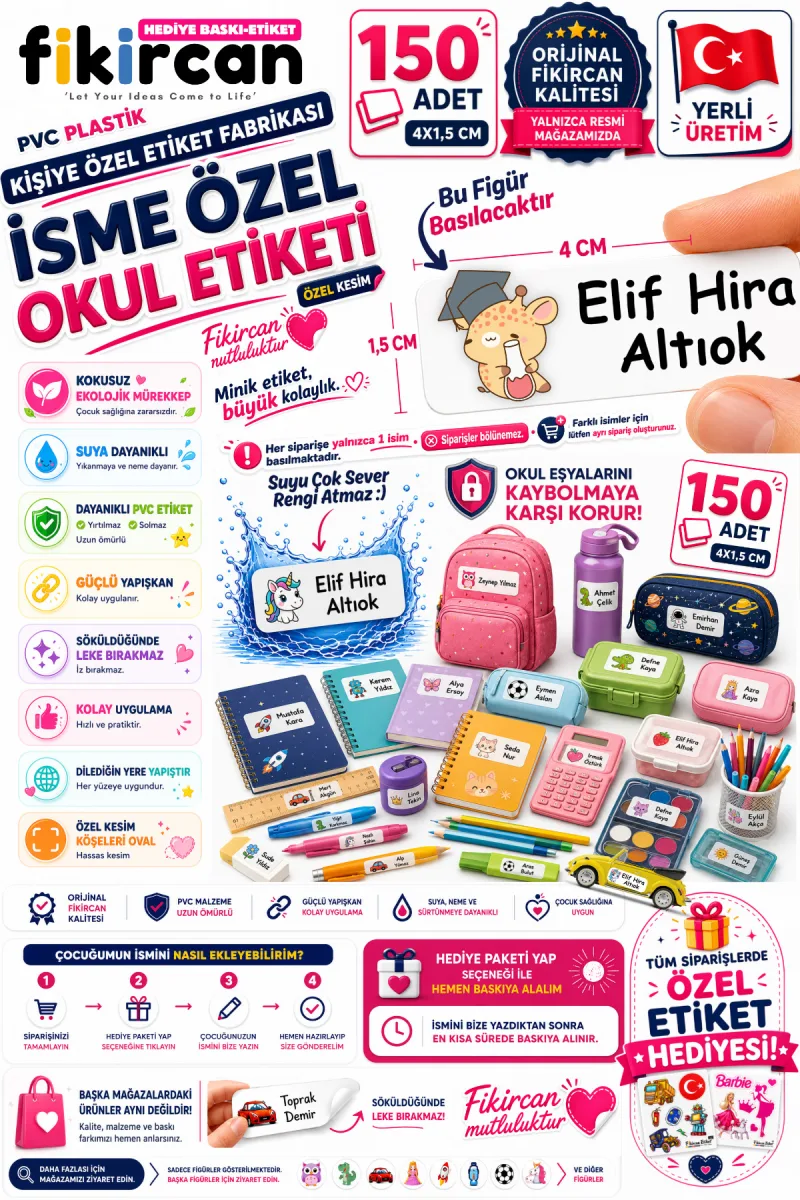İsme Özel Okul Etiketi - 150 Adet - 1.5 x 4 cm - PVC Etiket - FİGÜR 108 — fotoğraf 1