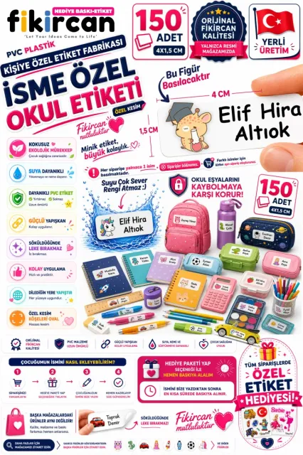 İsme Özel Okul Etiketi - 150 Adet - 1.5 x 4 cm - PVC Etiket - FİGÜR 108