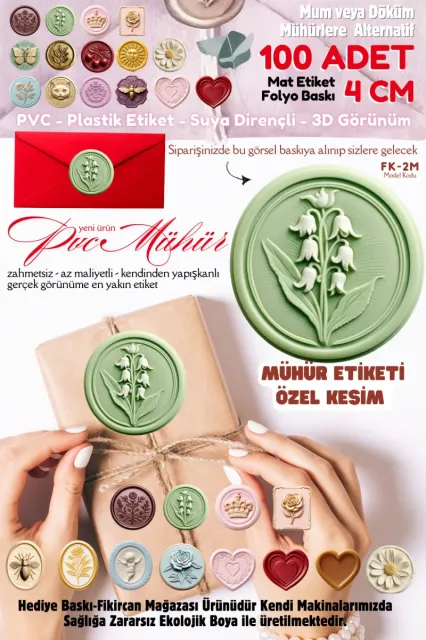 MÜHÜR ETİKETİ  100 Adet  Kokusuz Ekolojik Mürekkep PVC ETİKET 4 CM MUM VE DÖKÜM ALTERNATİF