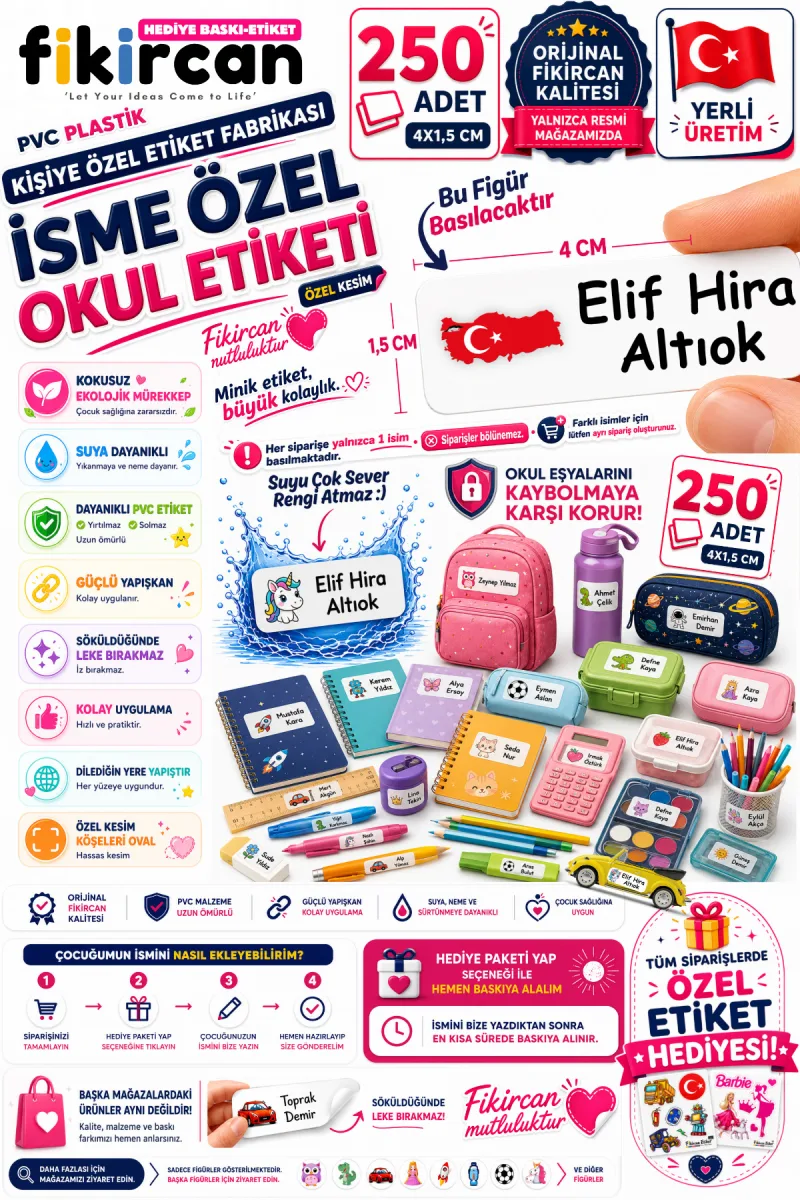 İsme Özel Okul Etiketi - 250 Adet - 1.5 x 4 cm - PVC Etiket - FİGÜR 134 — fotoğraf 1