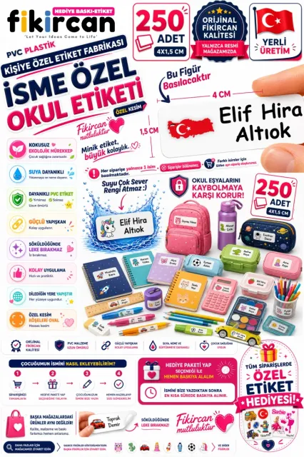 İsme Özel Okul Etiketi - 250 Adet - 1.5 x 4 cm - PVC Etiket - FİGÜR 134