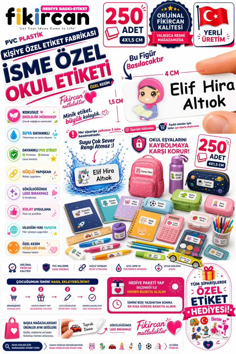 İsme Özel Okul Etiketi - 250 Adet - 1.5 x 4 cm - PVC Etiket - FİGÜR 138 — fotoğraf 1