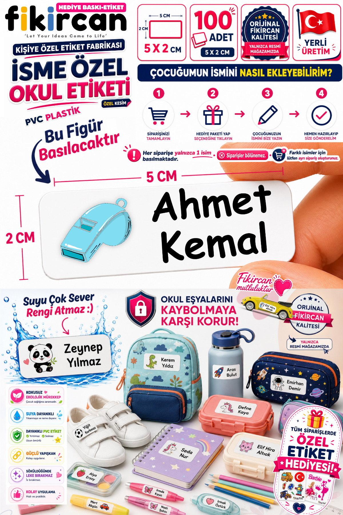 İsme Özel Okul Etiketi - 100 Adet - 5 x 2 cm - PVC Etiket - FİGÜR 99 — fotoğraf 1