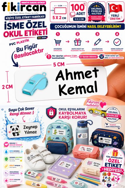 İsme Özel Okul Etiketi - 100 Adet - 5 x 2 cm - PVC Etiket - FİGÜR 99