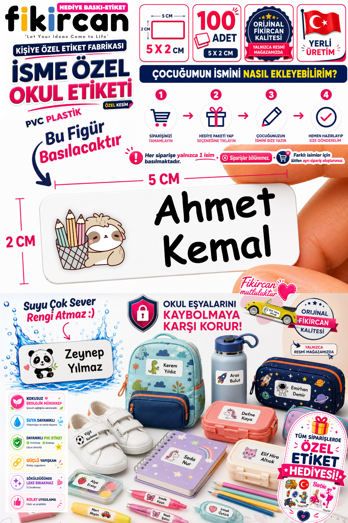 Isme Ozel Okul Etiketi - 100 Adet - 5 x 2 cm - PVC Etiket - FİGÜR 68
