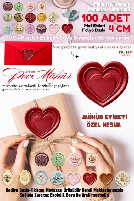 MÜHÜR ETİKETİ 100 Adet Kokusuz Ekolojik Mürekkep PVC ETİKET 4 CM MUM VE DÖKÜM ALTERNATİF