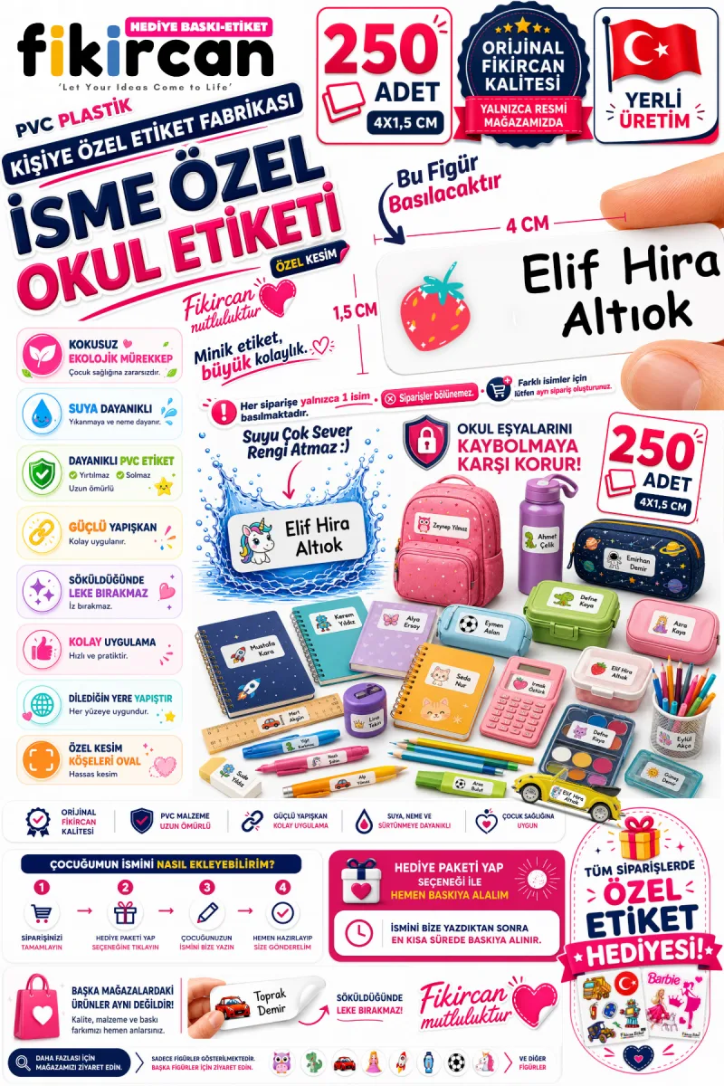 İsme Özel Okul Etiketi - 250 Adet - 1.5 x 4 cm - PVC Etiket - FİGÜR 31 — fotoğraf 1