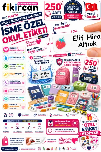 İsme Özel Okul Etiketi - 250 Adet - 1.5 x 4 cm - PVC Etiket - FİGÜR 31