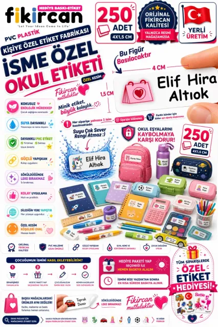 İsme Özel Okul Etiketi - 250 Adet - 1.5 x 4 cm - PVC Etiket - FİGÜR 83