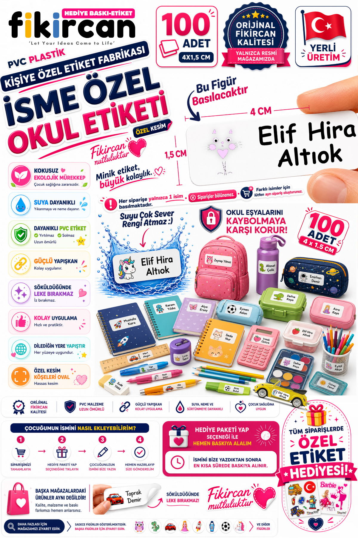 İsme Özel Okul Etiketi - 100 Adet - 1.5 x 4 cm - PVC Etiket - FİGÜR 89 — fotoğraf 1
