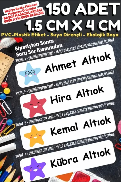 -isme Özel Okul Etiket Seti Yıldızlar - 150 Adet - Kokusuz Ekolojik Mürekkep Pvc Etiket