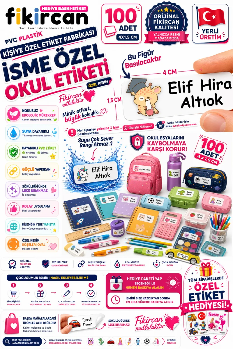 İsme Özel Okul Etiketi - 100 Adet - 1.5 x 4 cm - PVC Etiket - FİGÜR 108 — fotoğraf 1