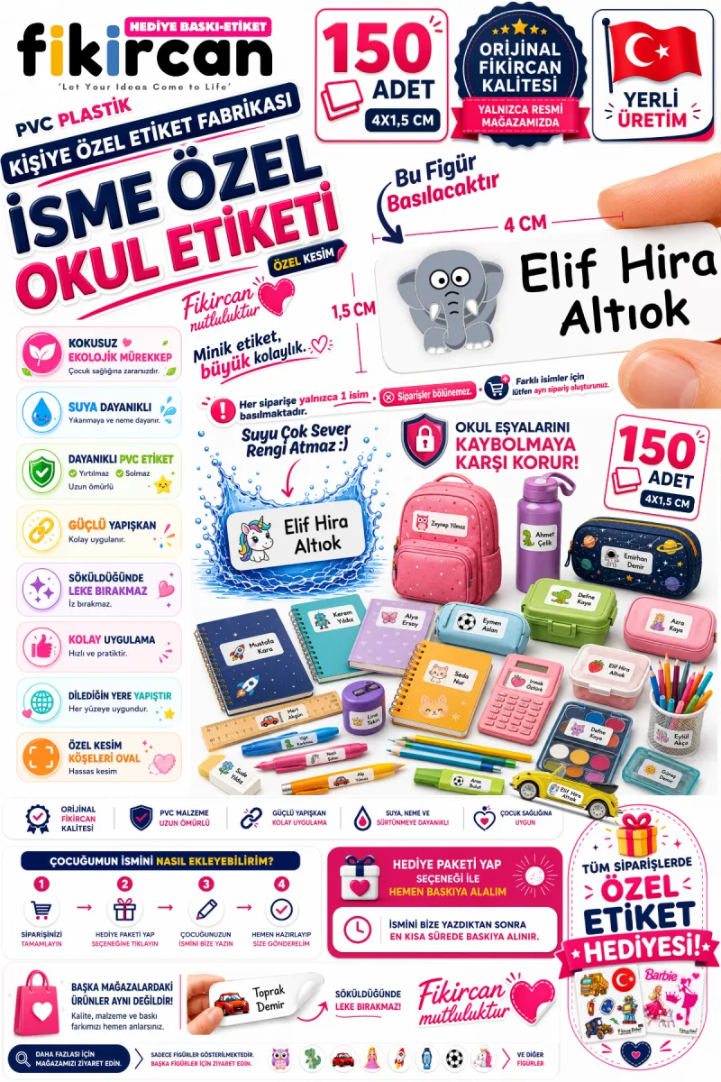 İsme Özel Okul Etiketi - 150 Adet - 1.5 x 4 cm - PVC Etiket - FİGÜR 117 — fotoğraf 1