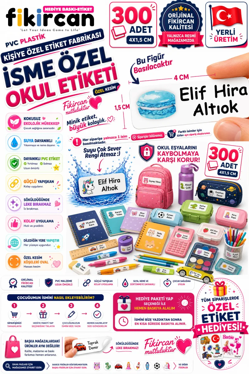 İsme Özel Okul Etiketi - 300 Adet - 1.5 x 4 cm - PVC Etiket - FİGÜR 41 — fotoğraf 1