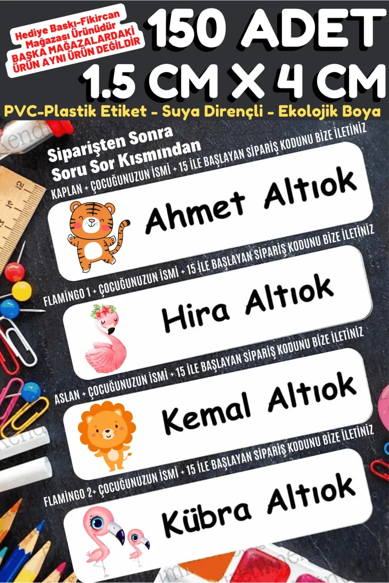 -isme Özel Okul Etiket Seti Flamingo-aslan-kaplan 150 Adet - Ekolojik Mürekkep Pvc Etiket — fotoğraf 1