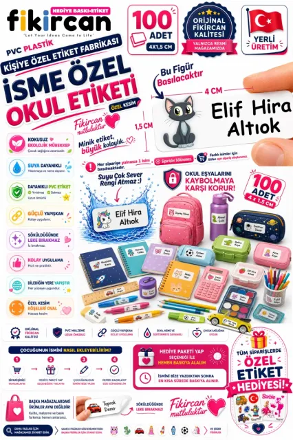 İsme Özel Okul Etiketi - 100 Adet - 1.5 x 4 cm - PVC Etiket - FİGÜR 84