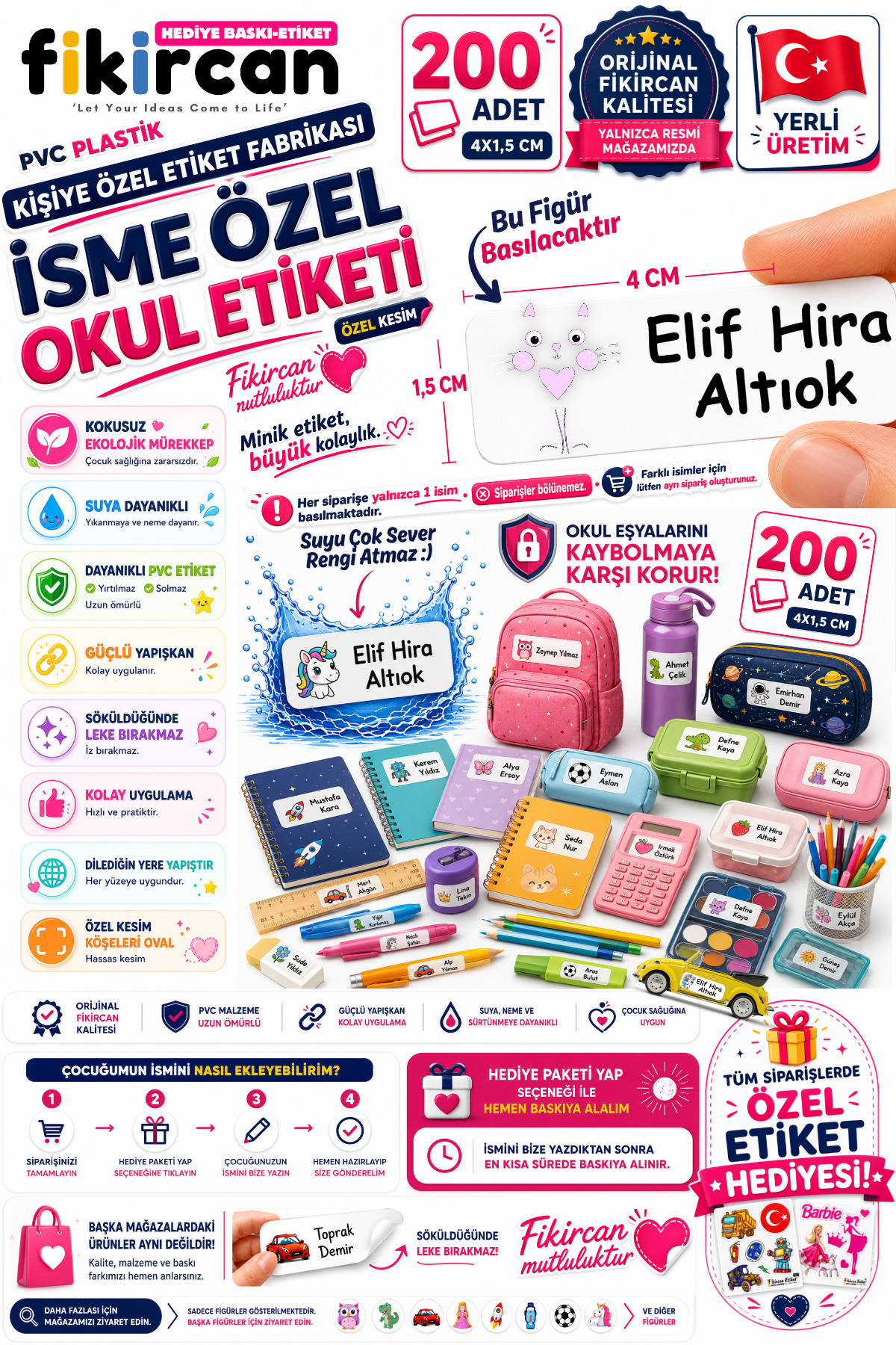 İsme Özel Okul Etiketi - 200 Adet - 1.5 x 4 cm - PVC Etiket - FİGÜR 89 1453260718227 — fotoğraf 1