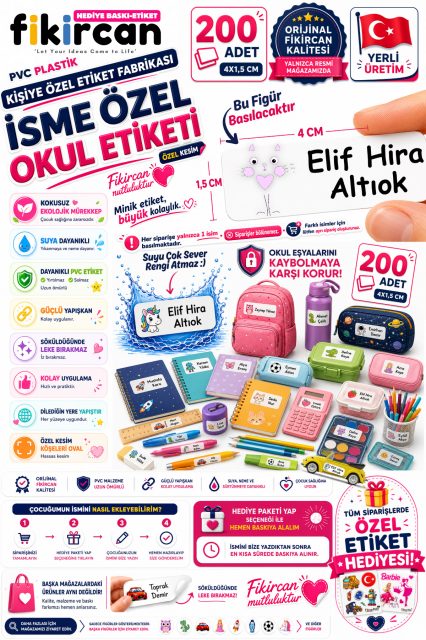 İsme Özel Okul Etiketi - 200 Adet - 1.5 x 4 cm - PVC Etiket - FİGÜR 89 1453260718227
