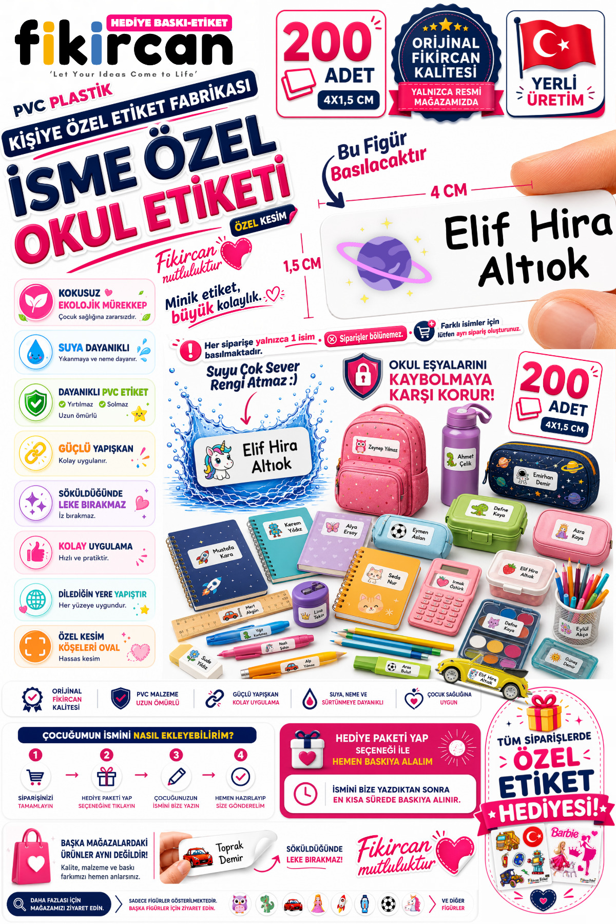 İsme Özel Okul Etiketi - 200 Adet - 1.5 x 4 cm - PVC Etiket - FİGÜR 11 1453260718270