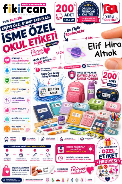 İsme Özel Okul Etiketi - 200 Adet - 1.5 x 4 cm - PVC Etiket - FİGÜR 11 1453260718270