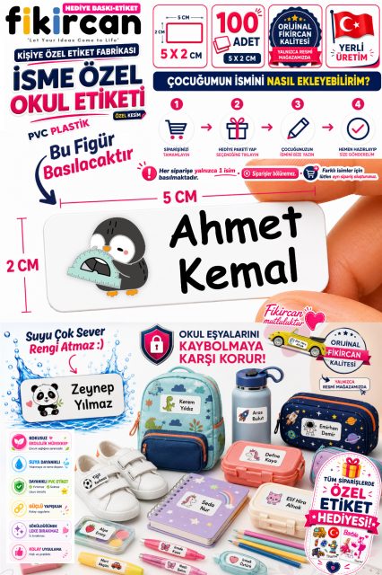 İsme Özel Okul Etiketi - 100 Adet - 5 x 2 cm - PVC Etiket - FİGÜR 66