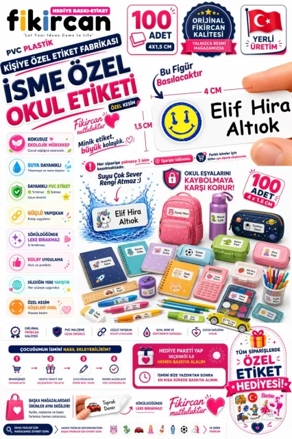 İsme Özel Okul Etiketi - 100 Adet - 1.5 x 4 cm - PVC Etiket - FİGÜR 45