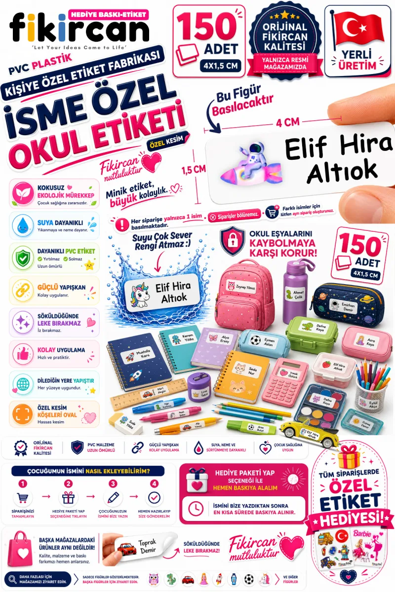 İsme Özel Okul Etiketi - 150 Adet - 1.5 x 4 cm - PVC Etiket - FİGÜR 9 — fotoğraf 1
