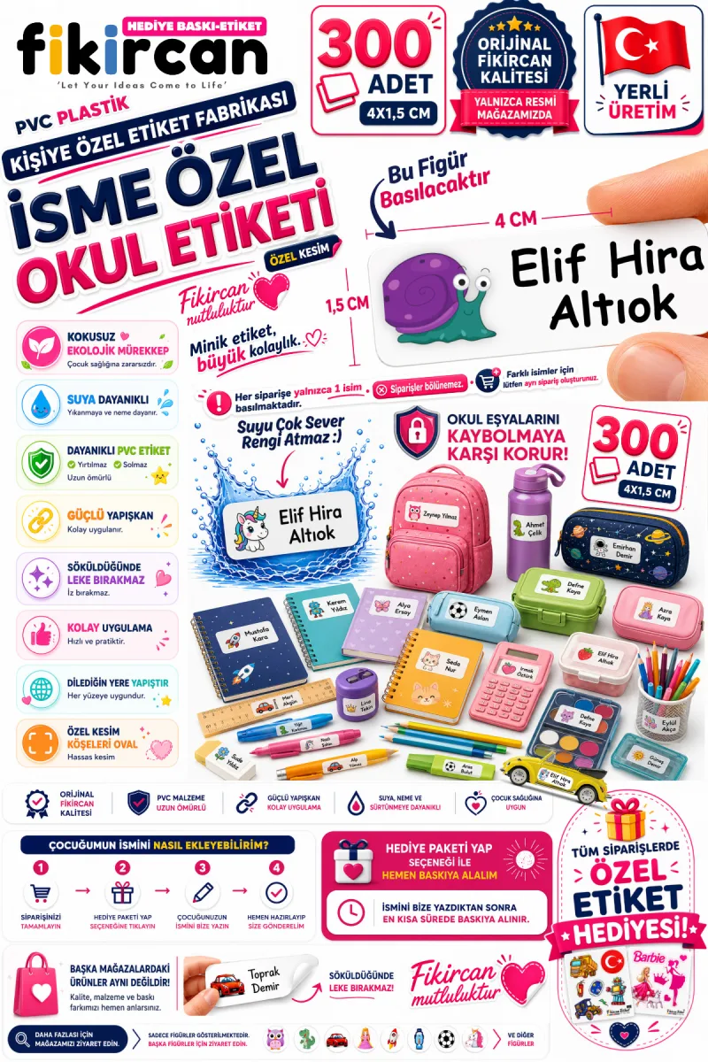 İsme Özel Okul Etiketi - 300 Adet - 1.5 x 4 cm - PVC Etiket - FİGÜR 116 — fotoğraf 1