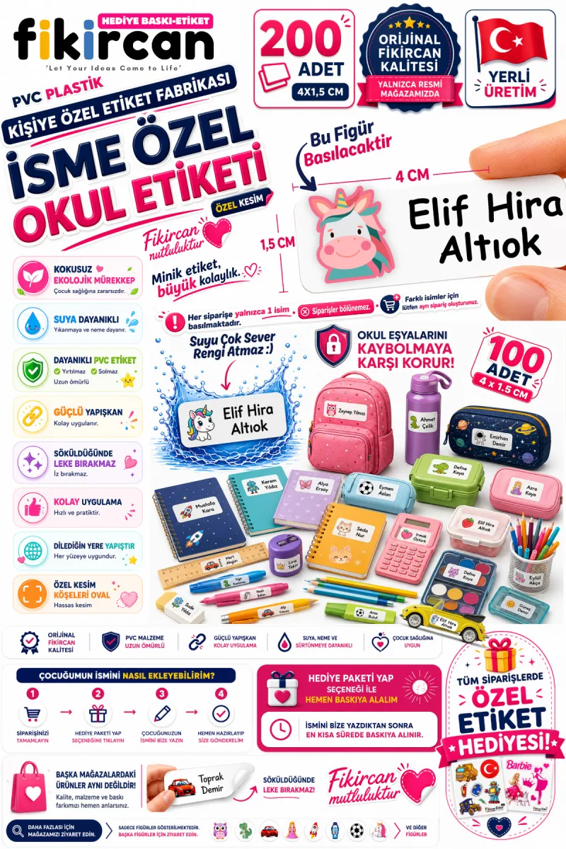 İsme Özel Okul Etiketi - 200 Adet - 1.5 x 4 cm - PVC Etiket - FİGÜR 36 — fotoğraf 1