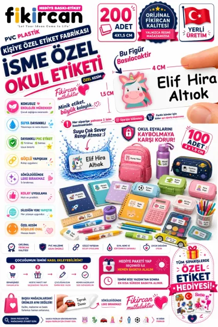 İsme Özel Okul Etiketi - 200 Adet - 1.5 x 4 cm - PVC Etiket - FİGÜR 36