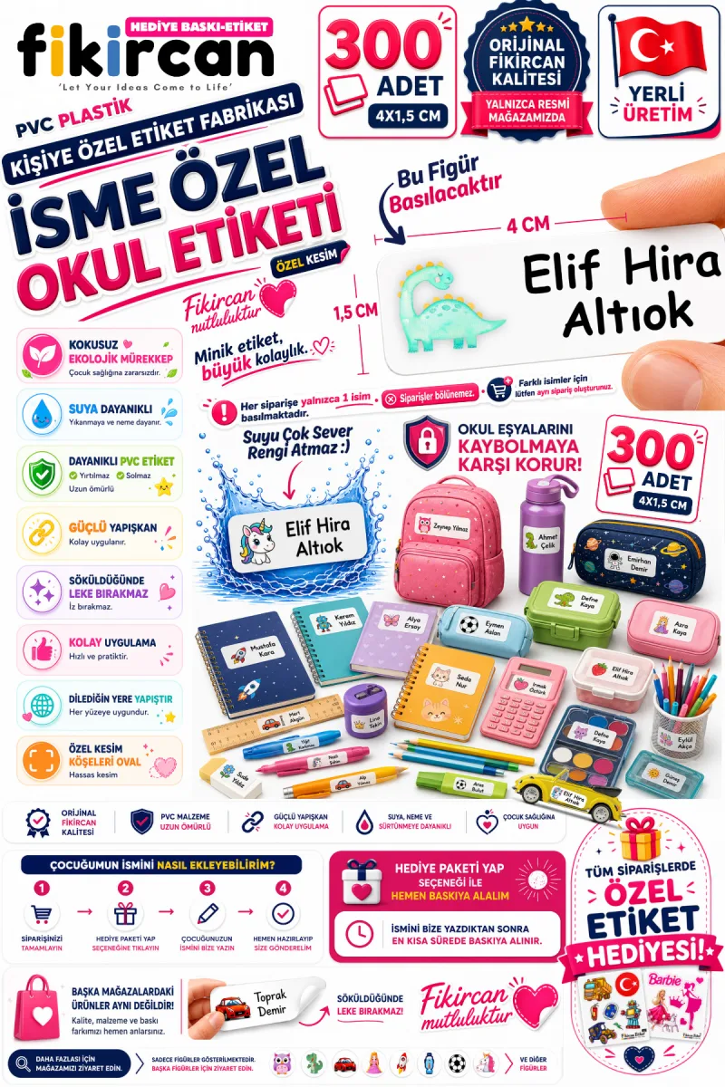 İsme Özel Okul Etiketi - 300 Adet - 1.5 x 4 cm - PVC Etiket - FİGÜR 40 — fotoğraf 1