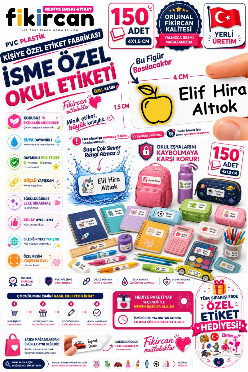 İsme Özel Okul Etiketi - 150 Adet - 1.5 x 4 cm - PVC Etiket - FİGÜR 109 — fotoğraf 1