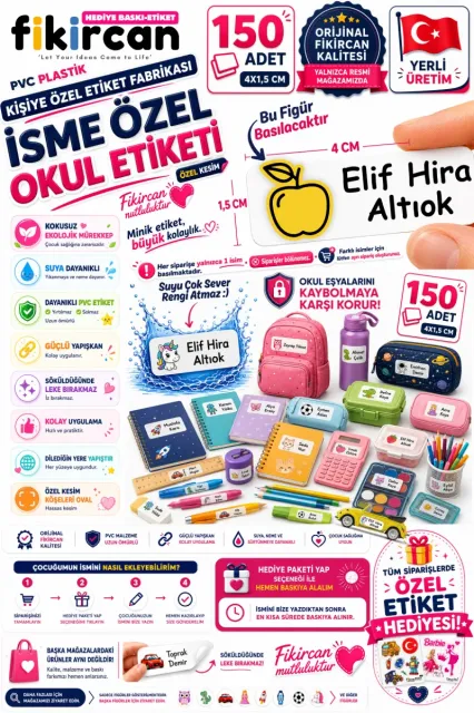 İsme Özel Okul Etiketi - 150 Adet - 1.5 x 4 cm - PVC Etiket - FİGÜR 109