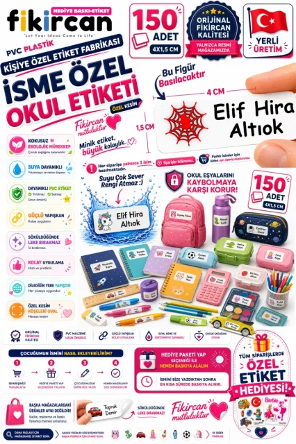 İsme Özel Okul Etiketi - 150 Adet - 1.5 x 4 cm - PVC Etiket - FİGÜR 20