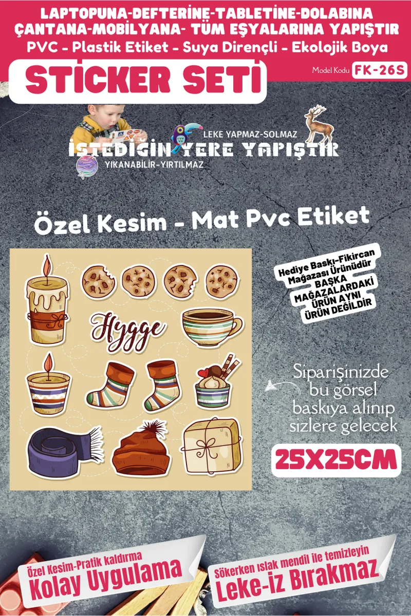 Fikircan Etiket Seti 25x25cm Pvc Sticker -Defter-Laptop-Tablet-Telefon-Dolap-Cam vb Her yere Yapışır — fotoğraf 1