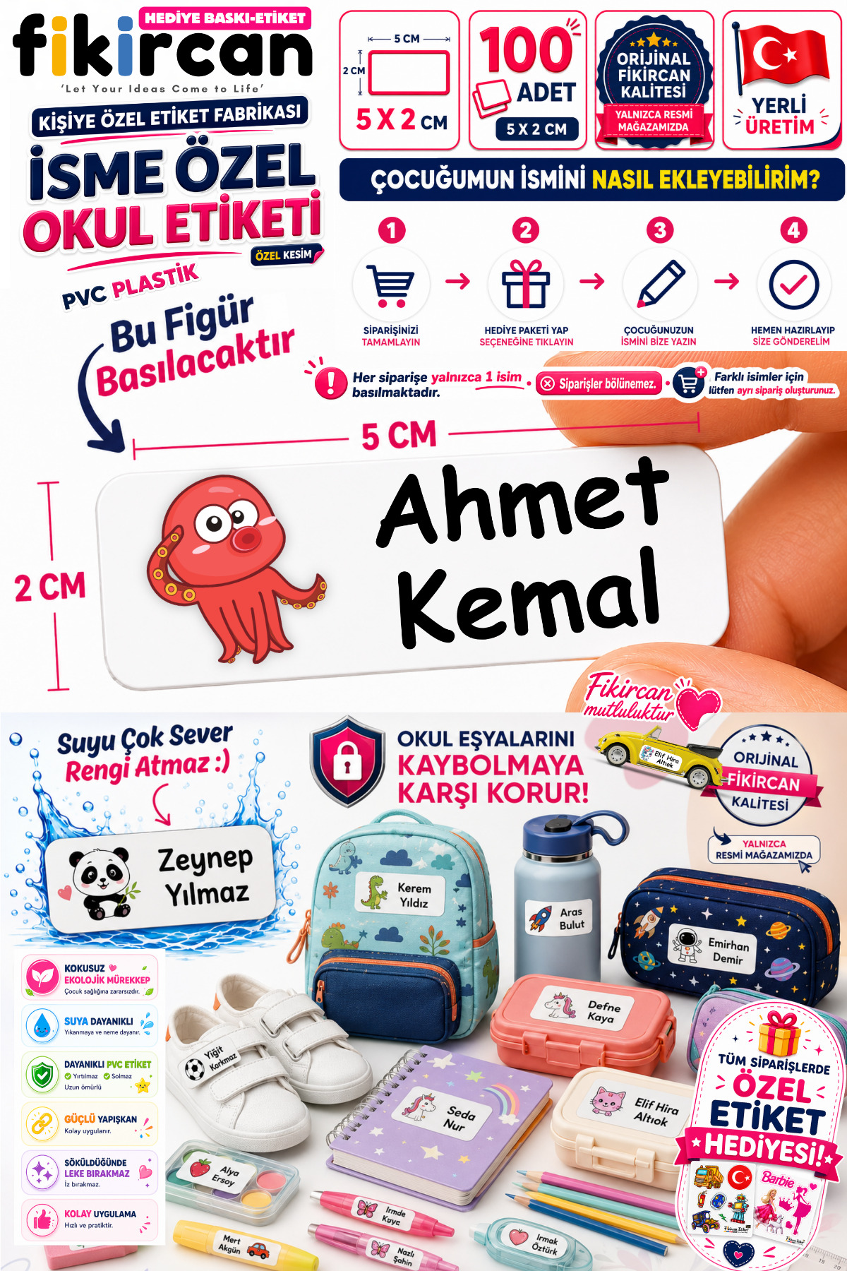 İsme Özel Okul Etiketi - 100 Adet - 5 x 2 cm - PVC Etiket - FİGÜR 121 — fotoğraf 1