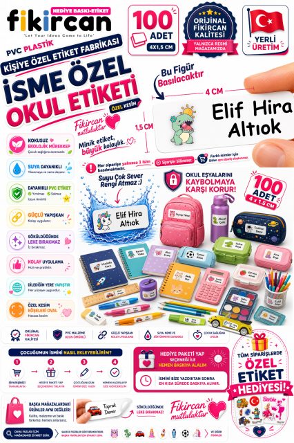 İsme Özel Okul Etiketi - 100 Adet - 1.5 x 4 cm - PVC Etiket - FİGÜR 52 1453260718169