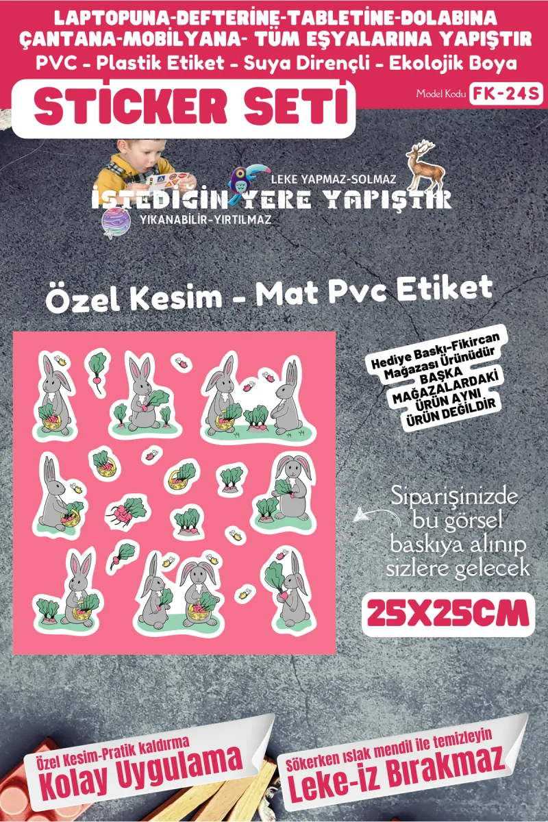 Fikircan Etiket Seti 25x25cm Pvc Sticker -Defter-Laptop-Tablet-Telefon-Dolap-Cam vb Her yere Yapışır — fotoğraf 1
