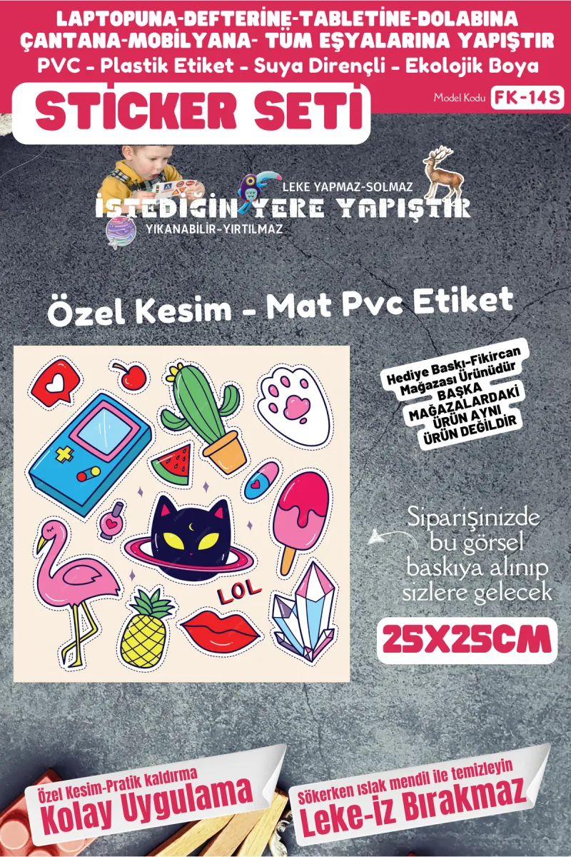 Fikircan Etiket Seti 25x25cm Pvc Sticker -Defter-Laptop-Tablet-Telefon-Dolap-Cam vb Her yere Yapışır — fotoğraf 1