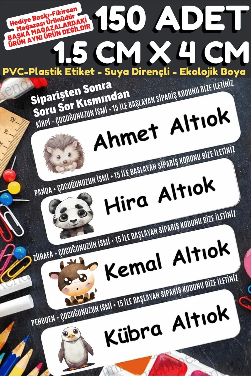 -isme Özel Okul Etiket Seti Sevimli Hayvanlar - 150 Adet - Ekolojik Mürekkep Pvc Etiket — fotoğraf 1