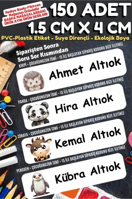 -isme Özel Okul Etiket Seti Sevimli Hayvanlar - 150 Adet - Ekolojik Mürekkep Pvc Etiket