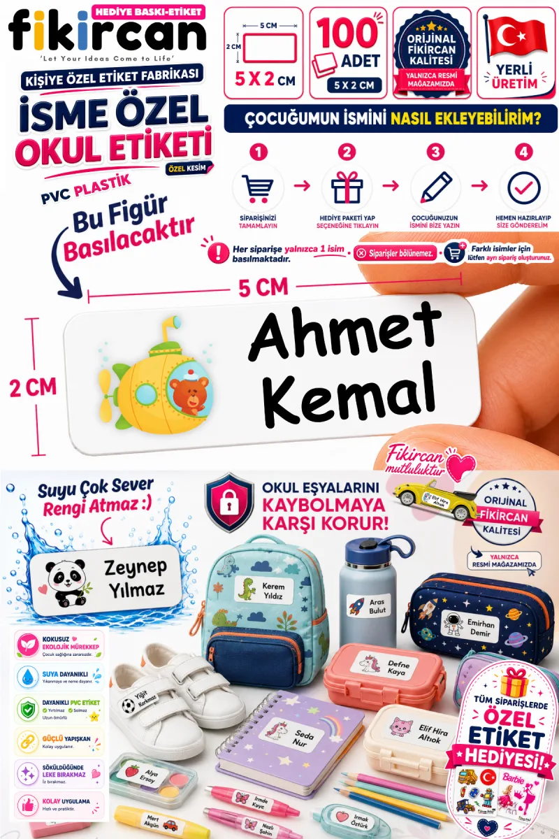 İsme Özel Okul Etiketi - 100 Adet - 5 x 2 cm - PVC Etiket - FİGÜR 24 — fotoğraf 1