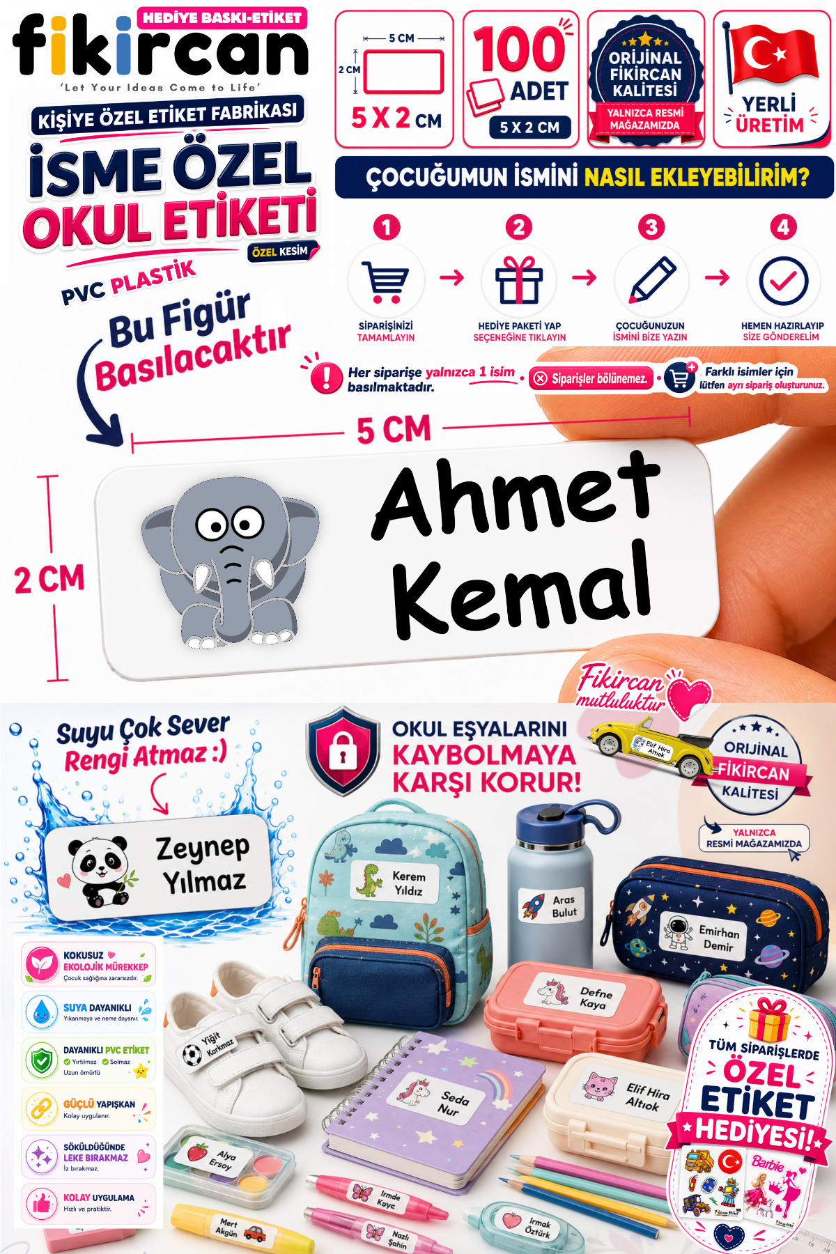 İsme Özel Okul Etiketi - 100 Adet - 5 x 2 cm - PVC Etiket - FİGÜR 117 — fotoğraf 1
