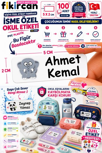 İsme Özel Okul Etiketi - 100 Adet - 5 x 2 cm - PVC Etiket - FİGÜR 117
