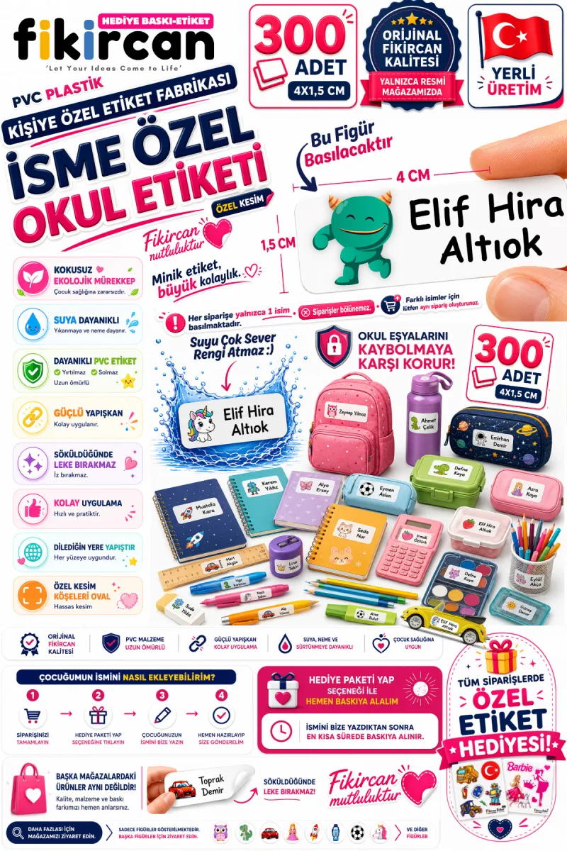 İsme Özel Okul Etiketi - 300 Adet - 1.5 x 4 cm - PVC Etiket - FİGÜR 19 — fotoğraf 1