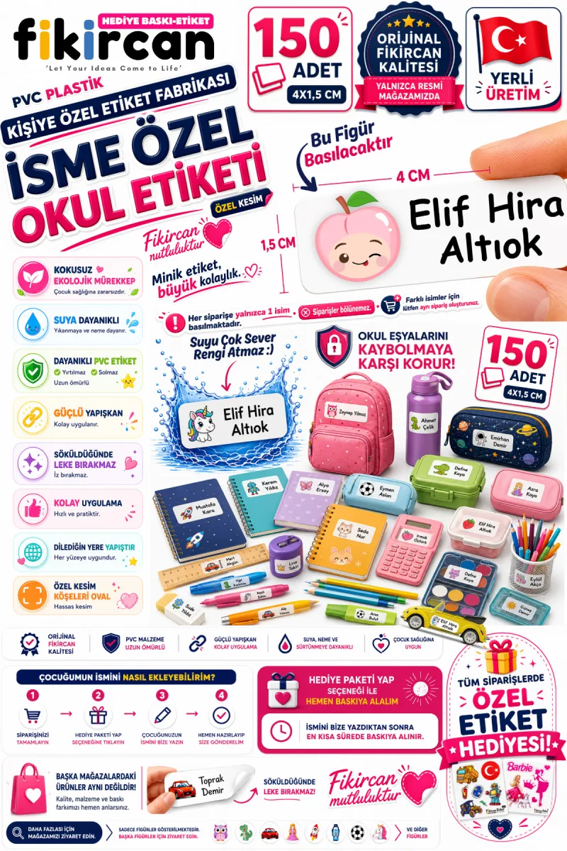 İsme Özel Okul Etiketi - 150 Adet - 1.5 x 4 cm - PVC Etiket - FİGÜR 103 — fotoğraf 1