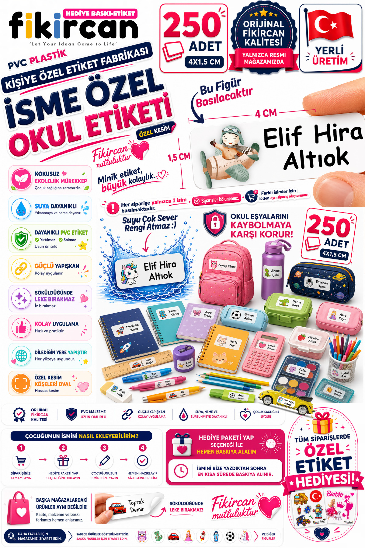 İsme Özel Okul Etiketi - 250 Adet - 1.5 x 4 cm - PVC Etiket - FİGÜR 131 — fotoğraf 1